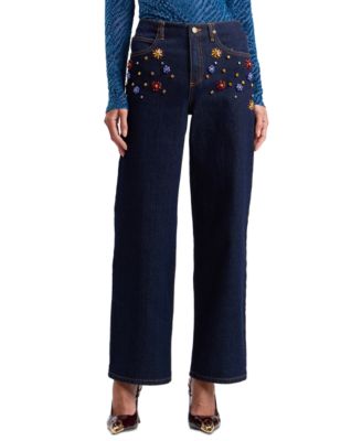 Women's High-Rise Rhinestone-Embellished Wide-Leg Jeans