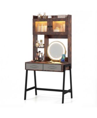 Vanity Desk with Removable Rotating Lighted Mirror and Illuminated Upper Cabinet