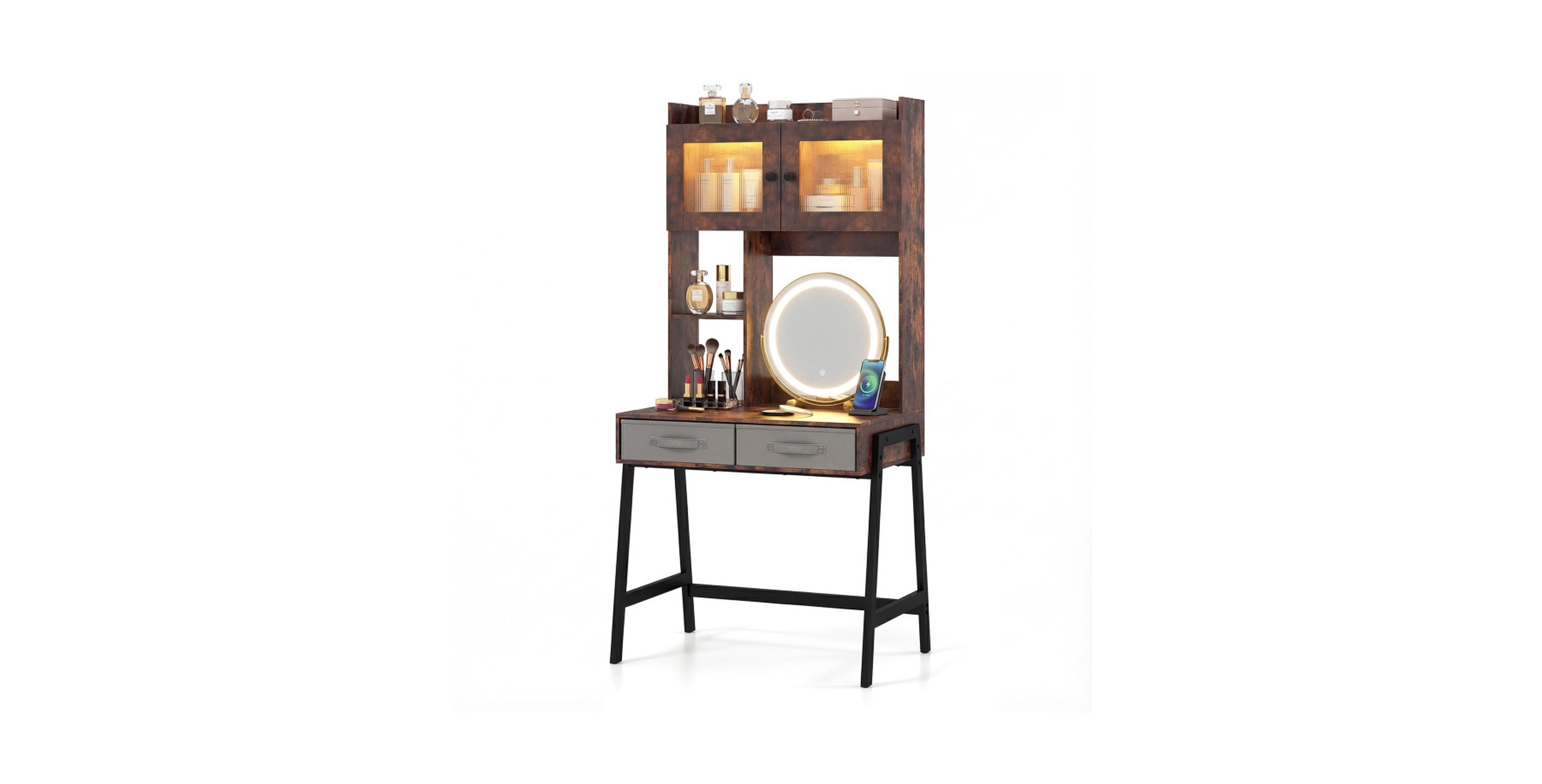 Gouun Vanity Desk with Removable Rotating Lighted Mirror and Illuminated Upper Cabinet