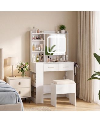 31.5 x 15.75 x 53.5 in Lighted Vanity Set with Stool, Dressing Table with Power Outlet and Storage for Bedroom, Dorm Room
