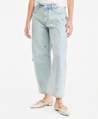 Women's Mid Rise Crop Embellished Barrel Jeans