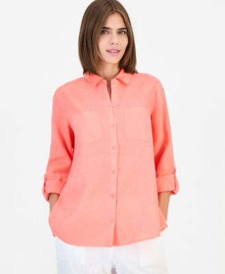 Petite Linen 3/4-Sleeve Roll-Tab Shirt