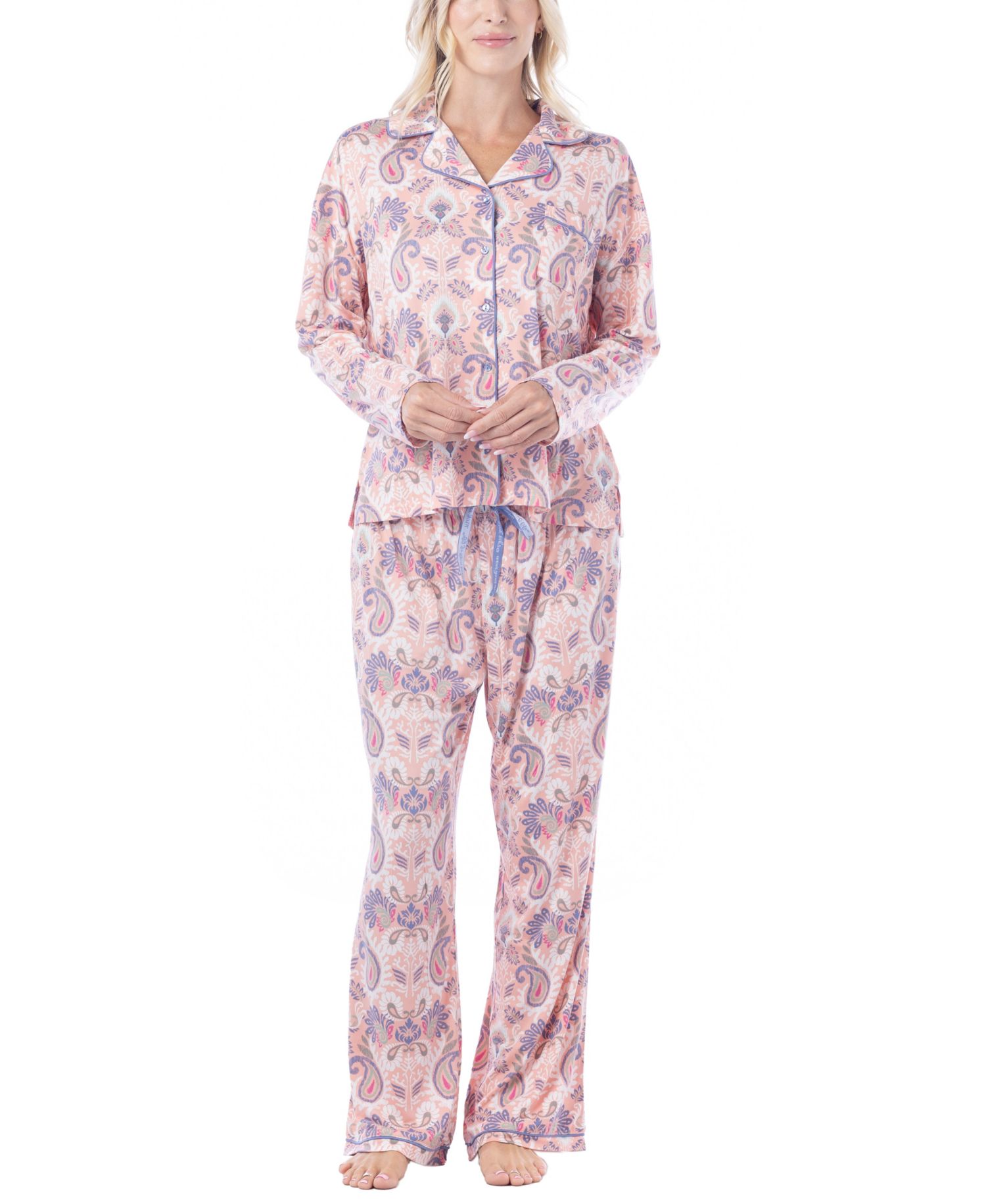 Women's Notch-Collar Long-Sleeve Print Pajama Set