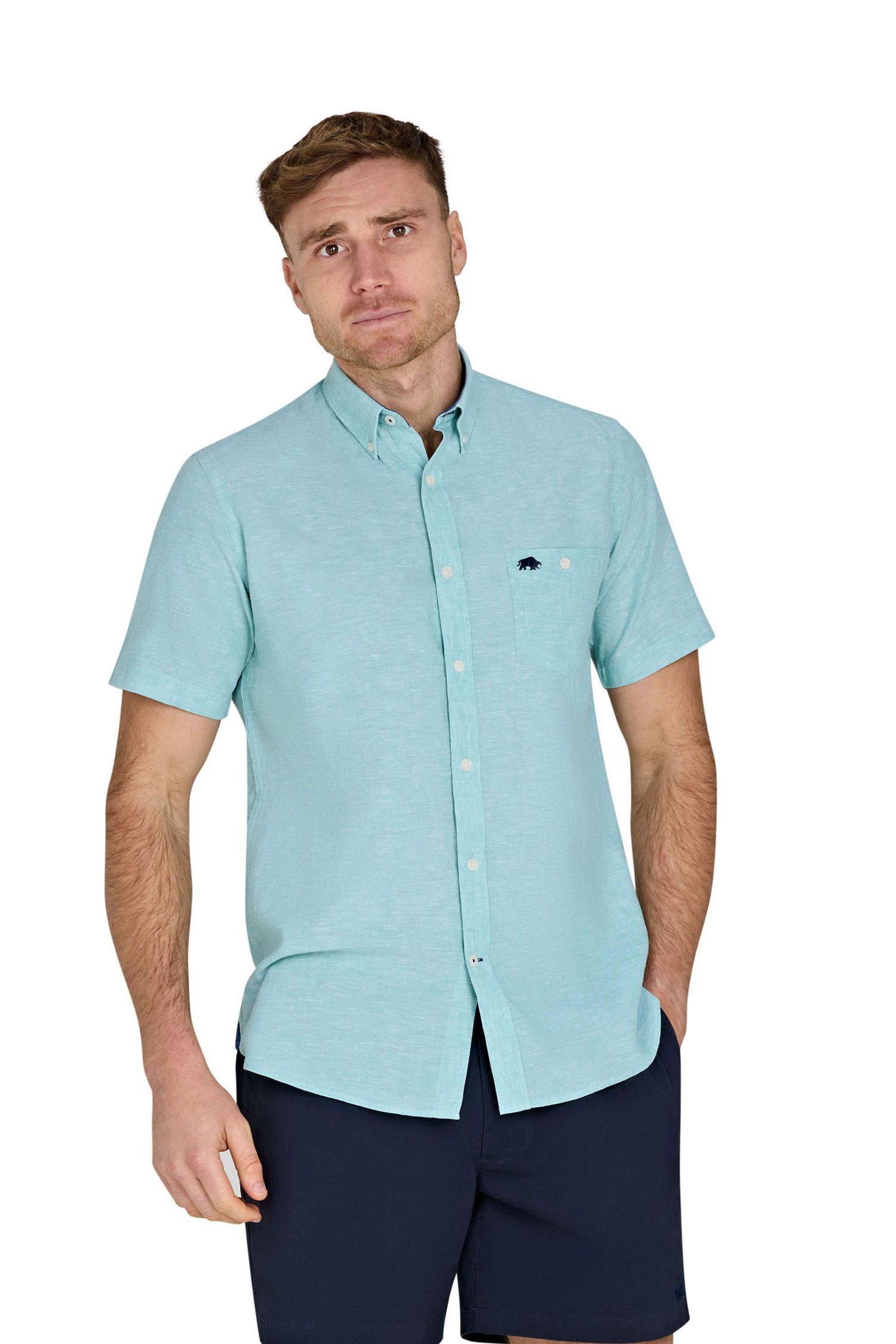 Men's Short-Sleeve Linen-Blend Button-Down Collar Shirt