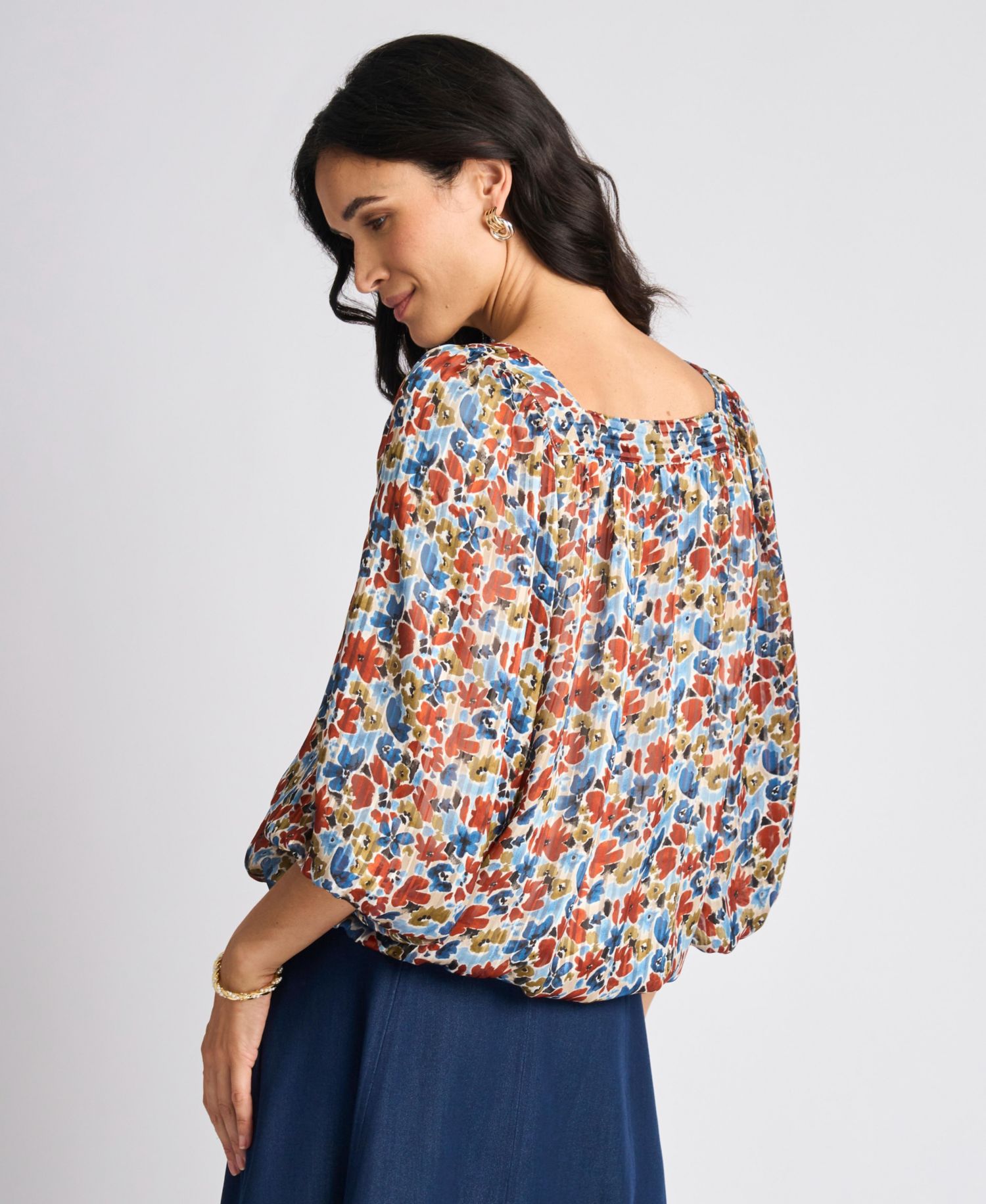 Women's Floral Square Neck 3/4-Sleeve Blouse
