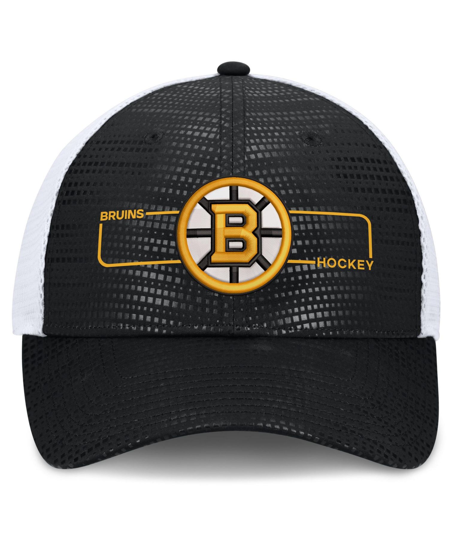 Men's Black Boston Bruins Authentic Pro Rink Boxed Logo Trucker Hat