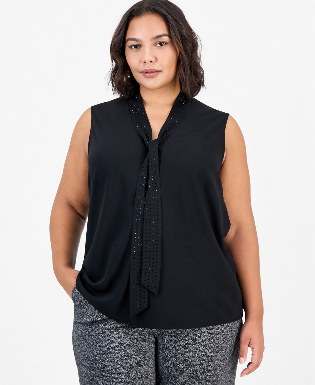 Kasper Plus Size Audrey Sleeveless Tie Front Blouse In Black
