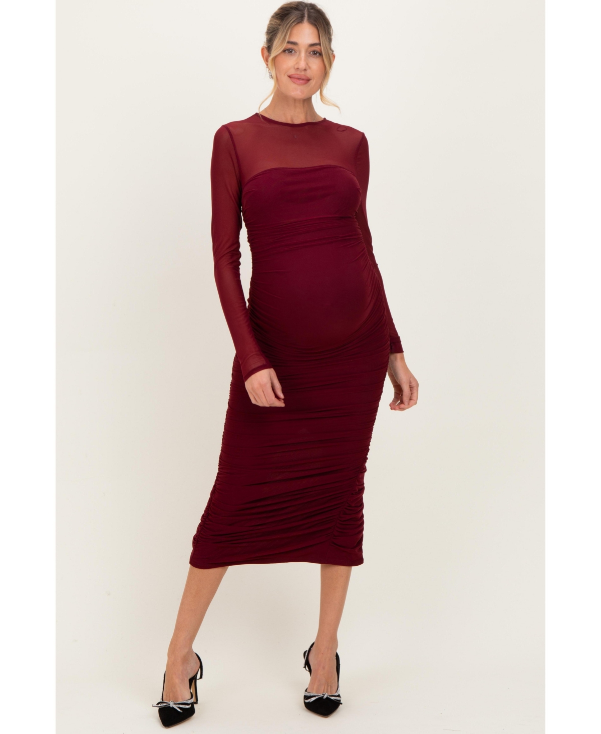 Pinkblush Women's Burgundy Mesh Ruched Long Sleeve Midi Dress - Burgundy
