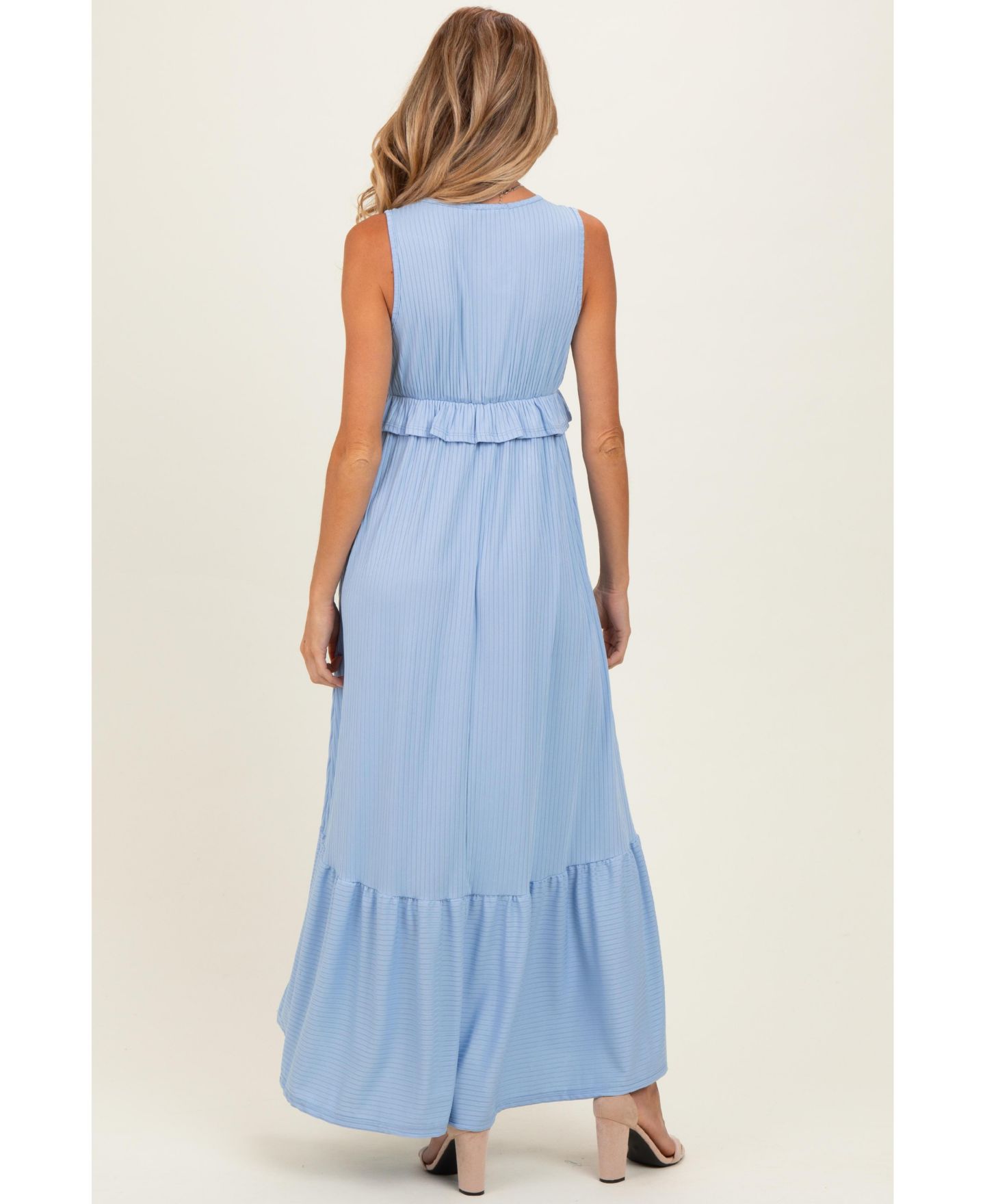 Женское платье Pinkblush Light Blue Ribbed Sleeveless V-Neck Ruffle Tiered Maxi, цвет: Светлый синий — фото 3