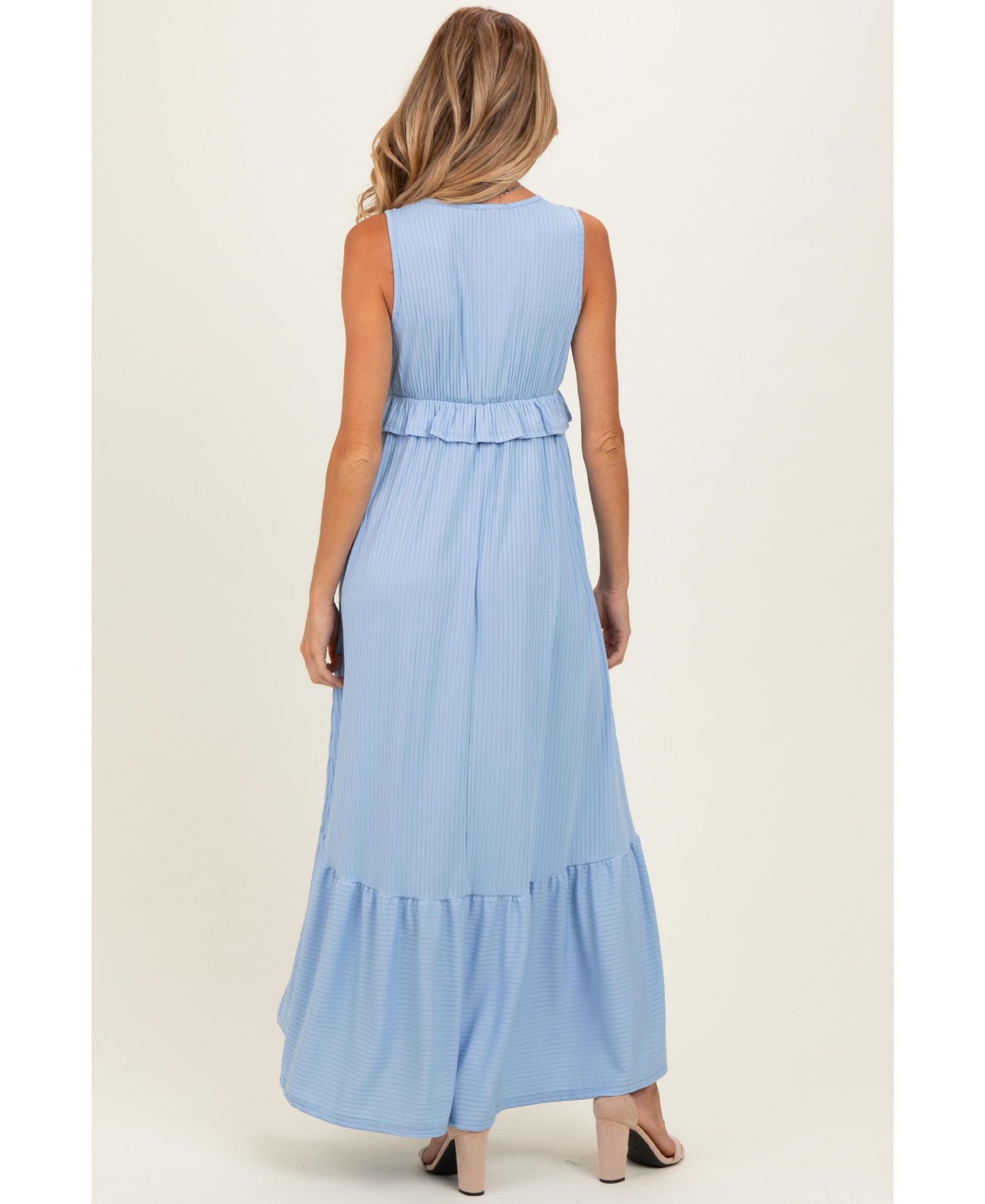 Women's Light Blue Ribbed Sleeveless V-Neck Ruffle Tiered Maxi Dress