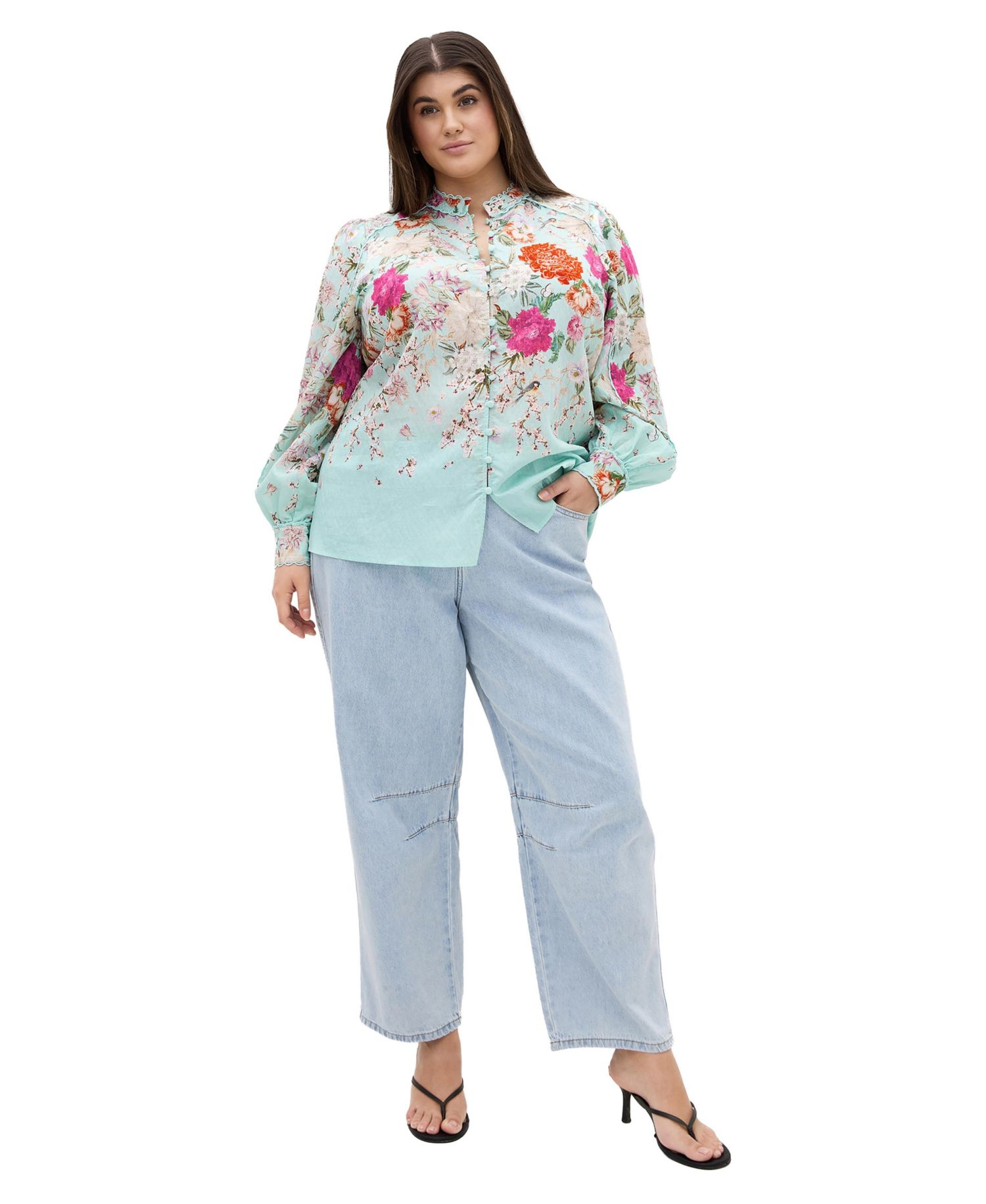 Plus Size Gianna Floral-Print High-Scallop-Trim Blouse
