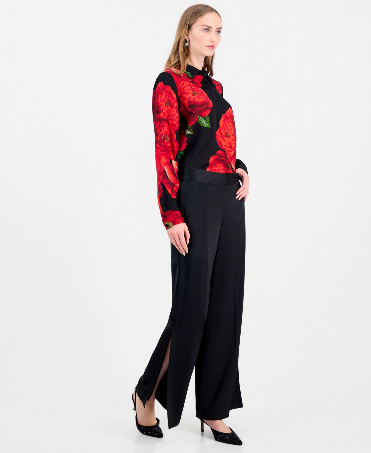 Женские брюки Elie Tahari Rylee Wide-Leg Satin Side-Slit, цвет: Чёрный — фото 2