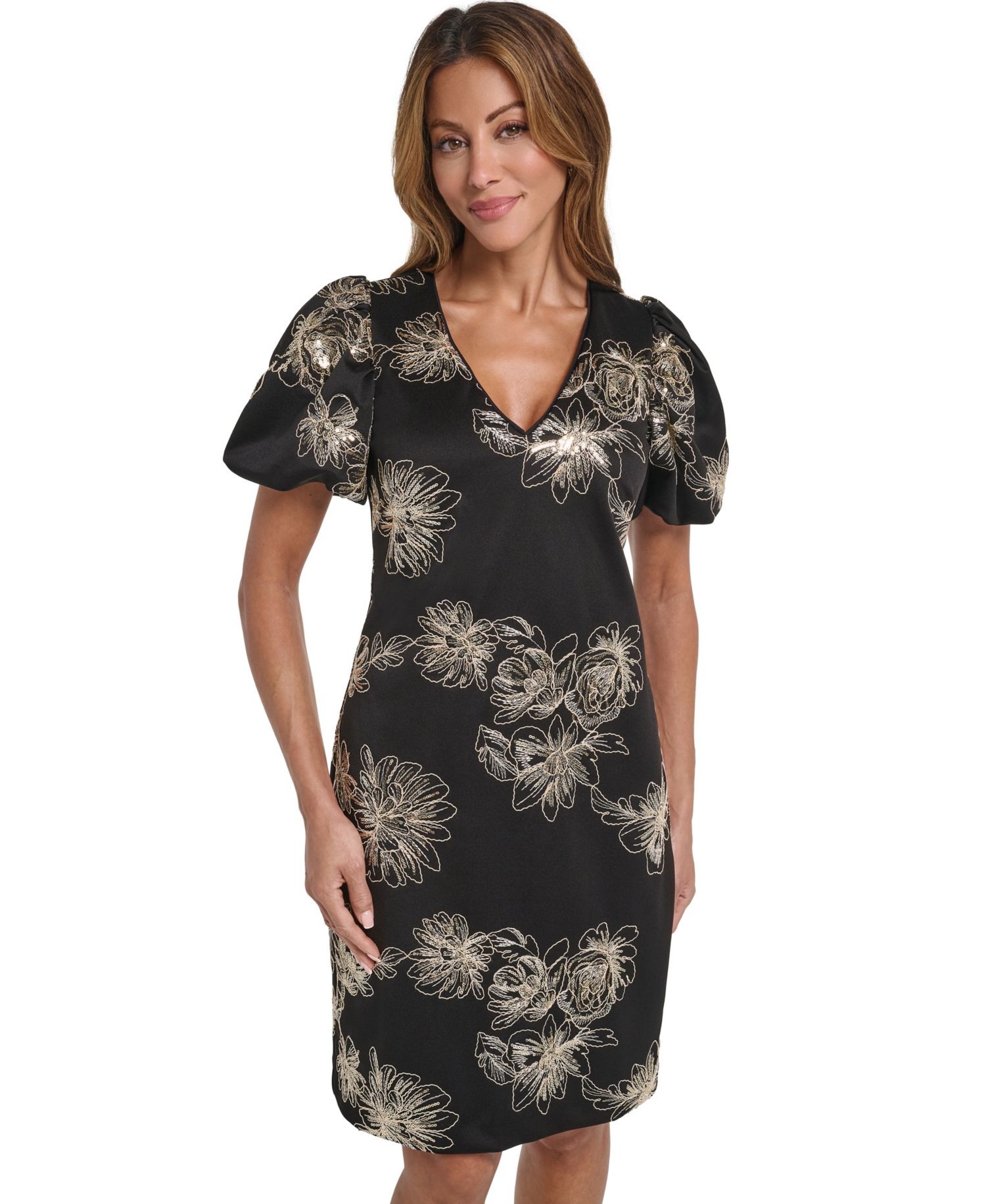 Petite Puff-Sleeve Floral-Print Fit & Flare Dress