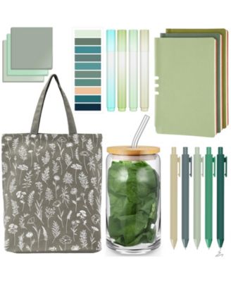 18 Piece Office School Study Stationery Set With Canvas Tote Bag Glass Cup Notebook Sticky Notes