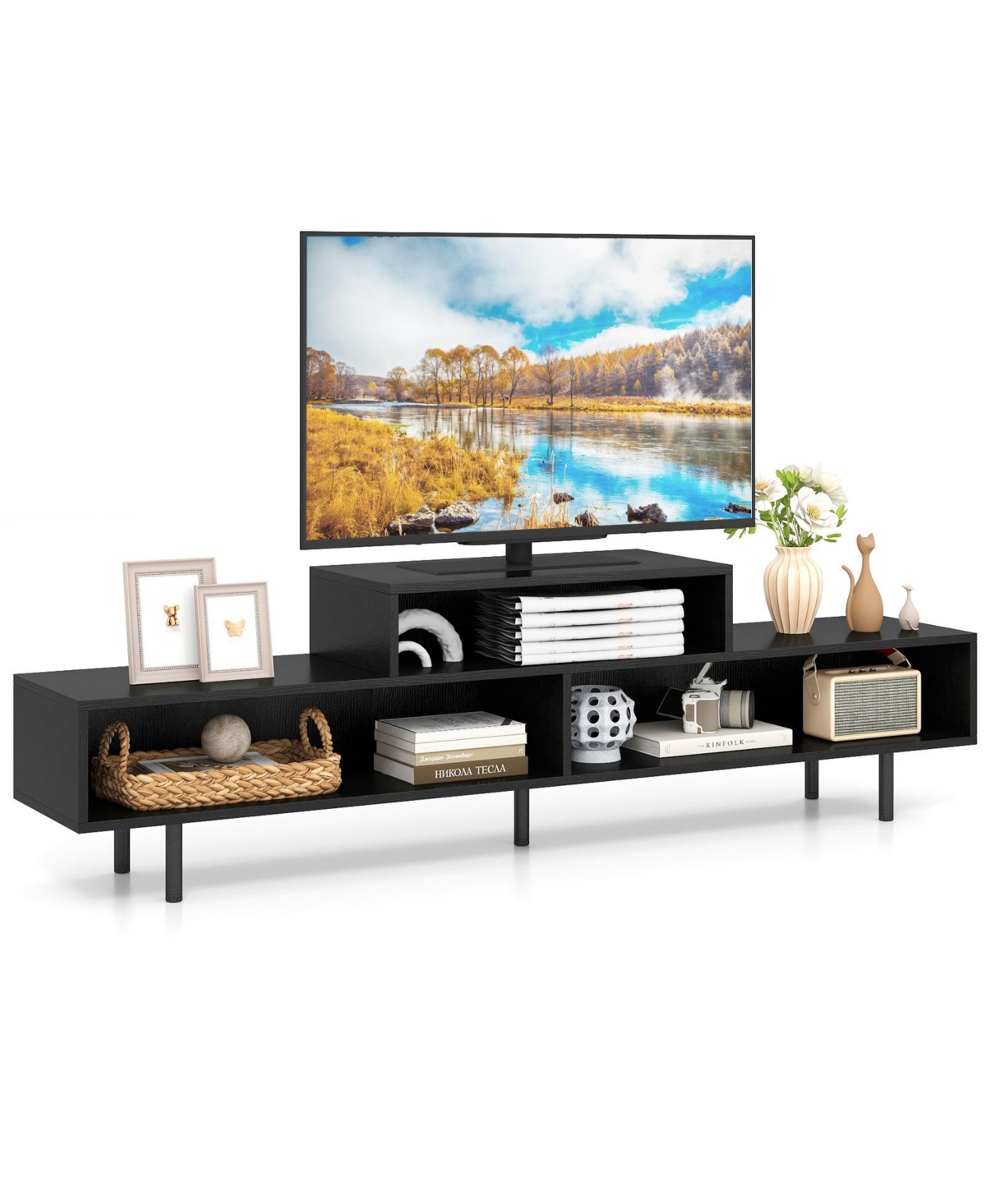 Mecale 3 Cubby Tv Stand for TVs up to 70 Entertainment Center with Open Storage Compartments