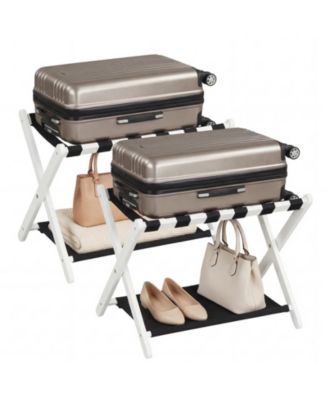 Folding Luggage Rack Set of 2 with Solid Rubberwood Frame and Nylon Shelves