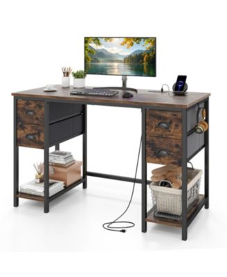 48 Inch Computer Desk with Power Outlet Home Office Desk with 4 Fabric Drawers