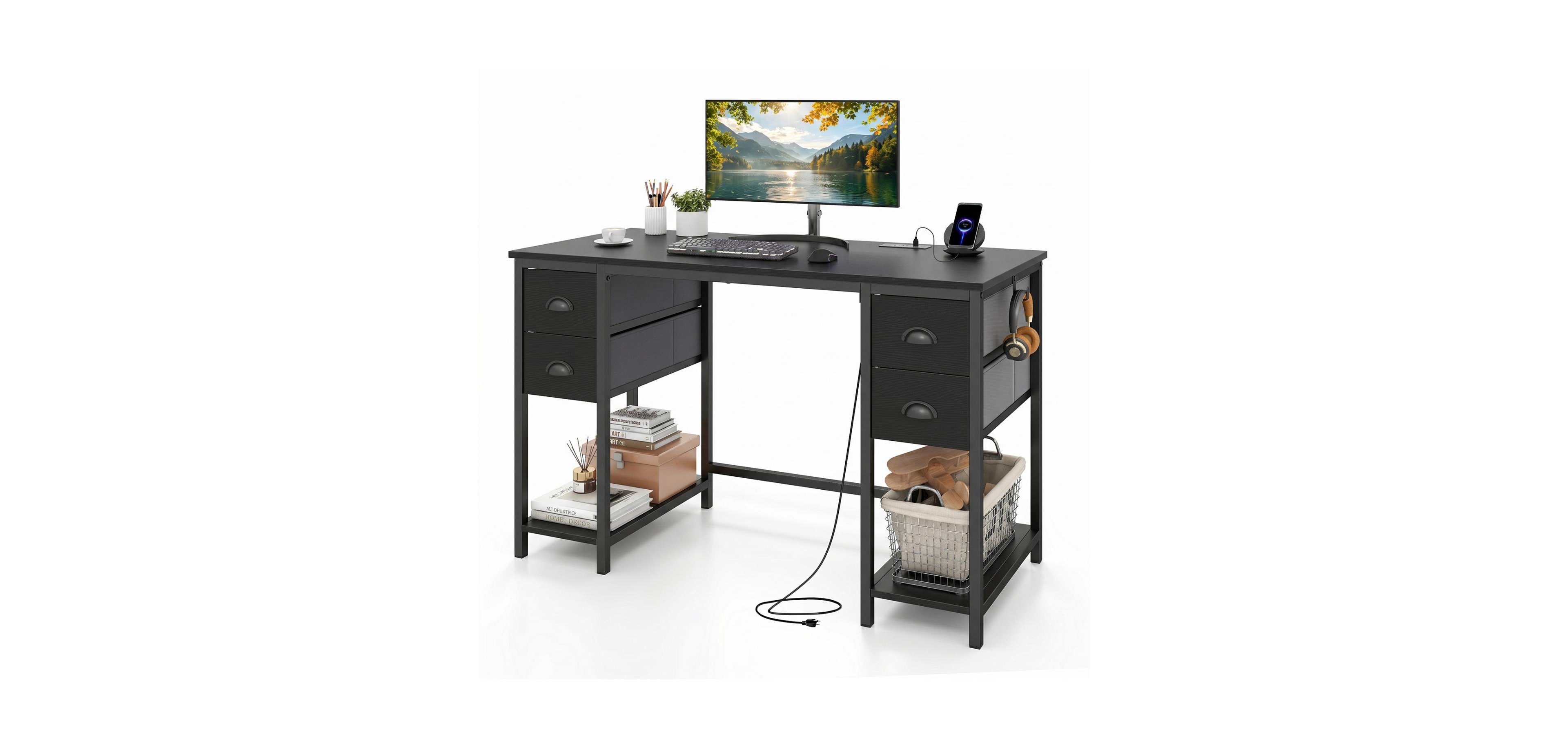 Mecale 48 Inch Computer Desk with Power Outlet Home Office 4 Fabric Drawers