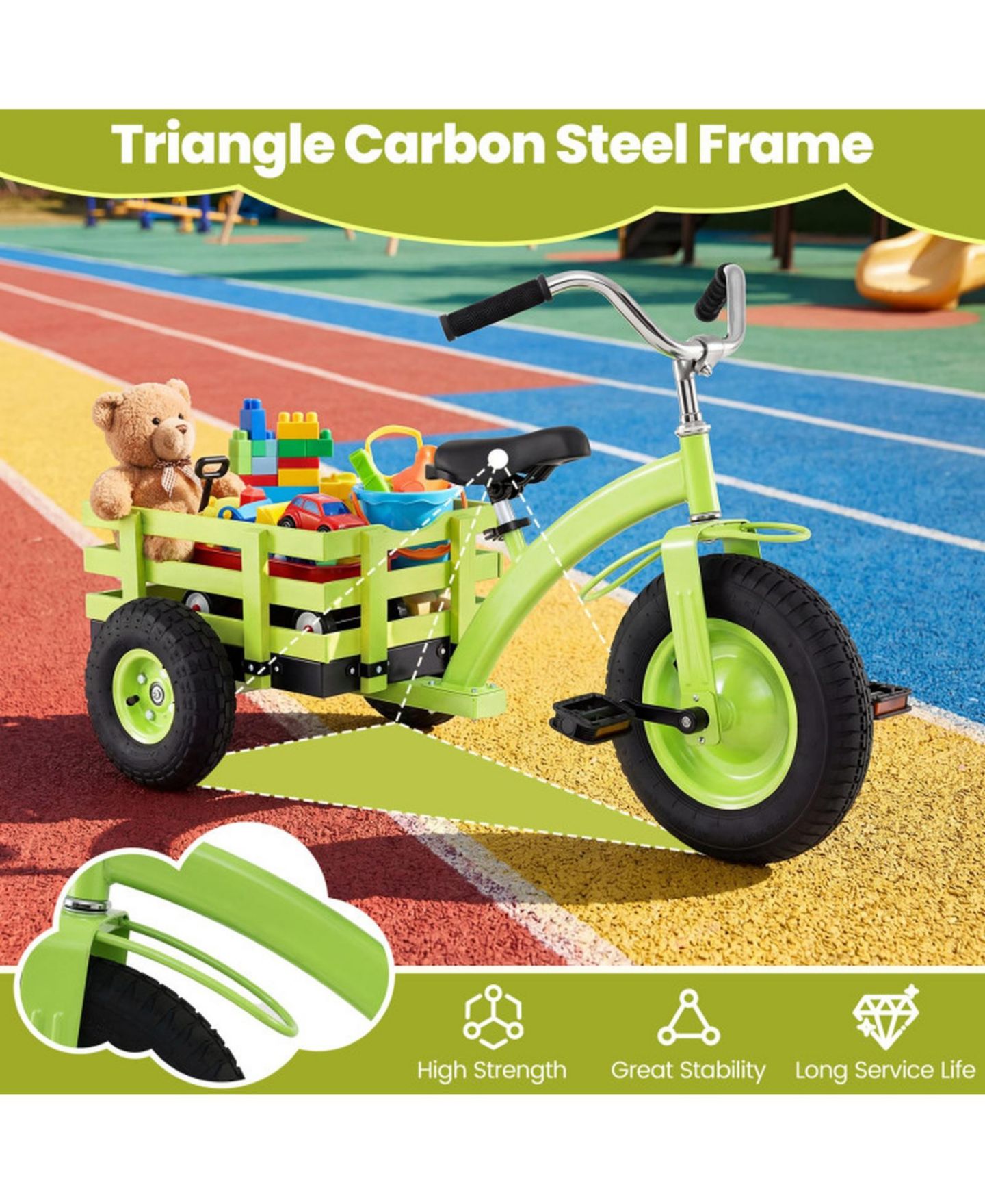 Детская игрушка SUGIFT Kids Tricycle with 15-Inch Inflatable Rubber Tires and Rear Wooden Cargo Basket, 200 lbs Capacity, Ages 3+, цвет: Зелёный — фото 5