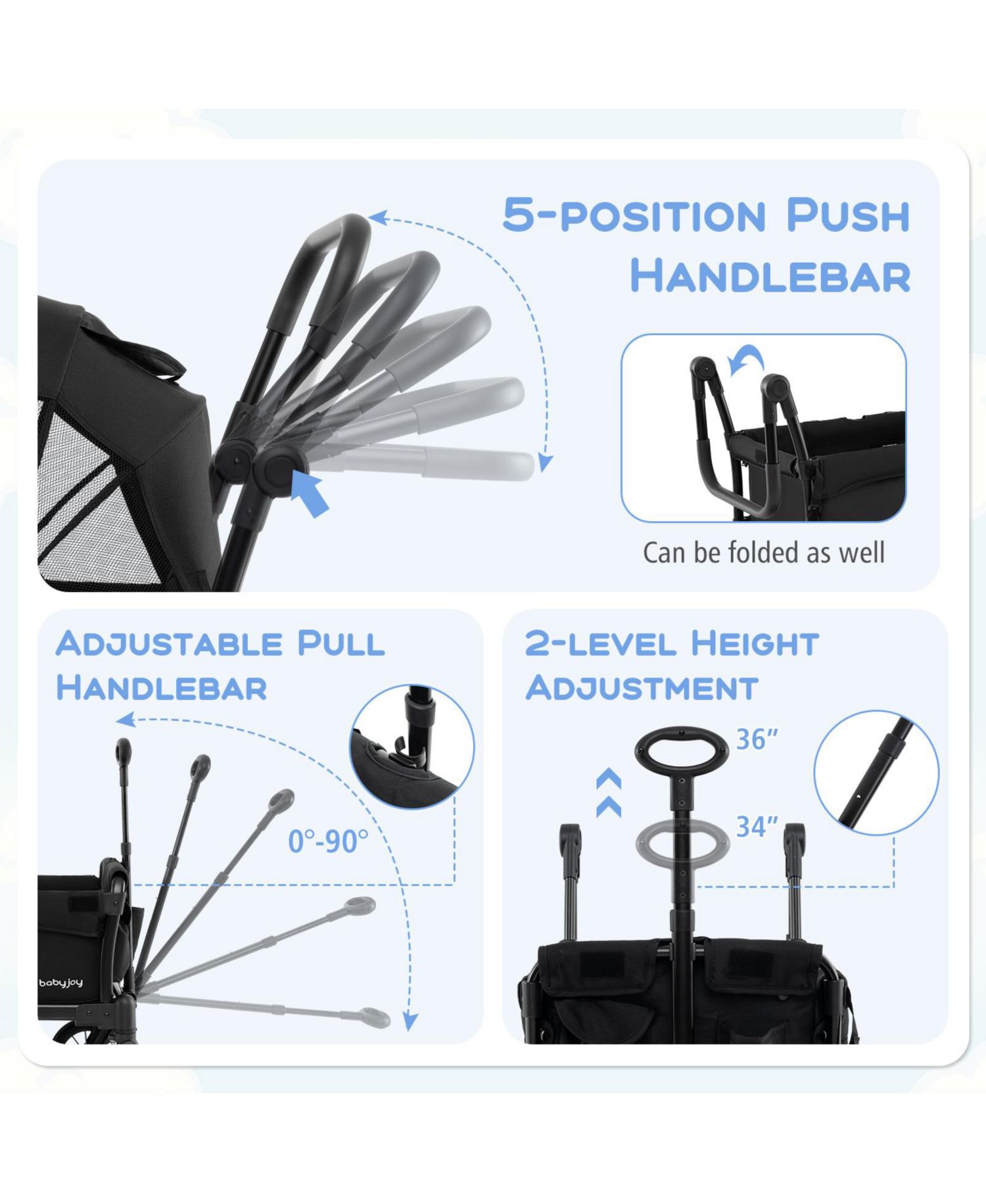 Foldable Wagon Stroller for 4 Kids with Removable Canopy