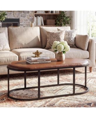 Oval Faux Leather Coffee Table with Sturdy Black Metal Base