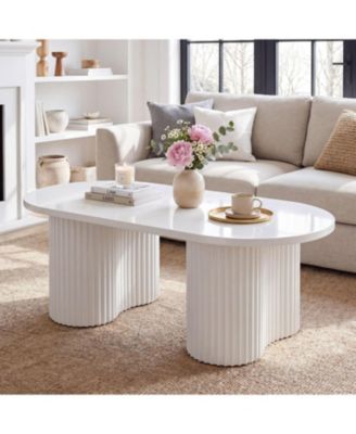 47" Oval Coffee Table, White | Fluted Design, Center Table