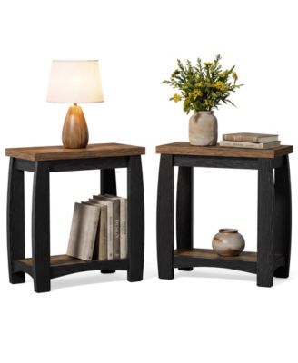 2-Tier Wooden End Table Set of 2, Farmhouse Bedside Table