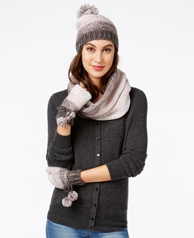 Betsey Johnson Crystal Knit Beanie, Scarf and Fingerless Gloves