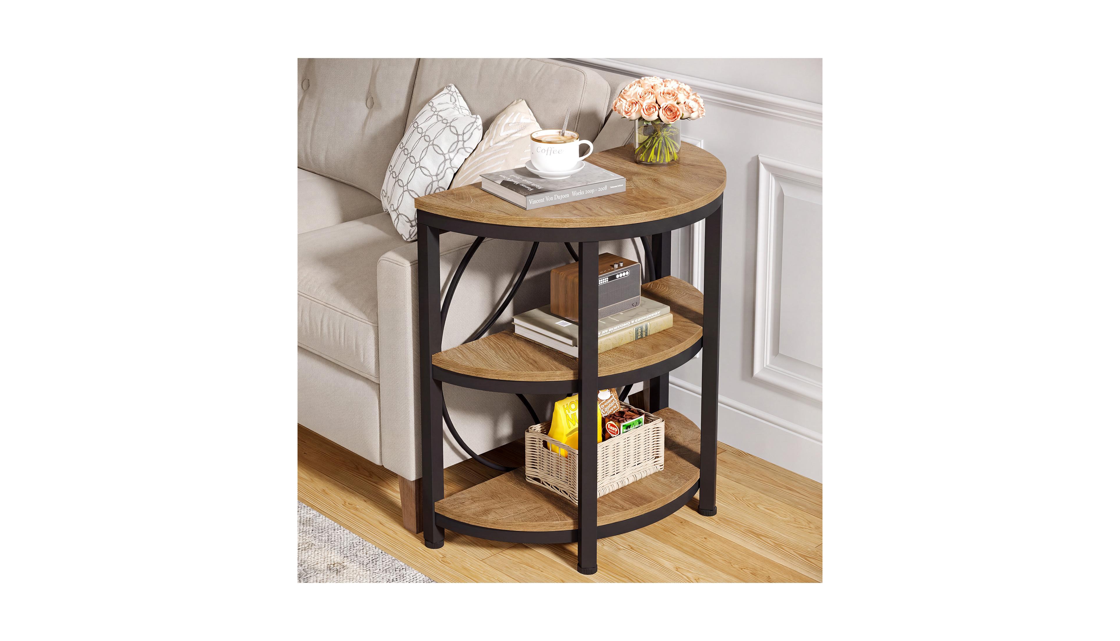 Tribesigns Half Circle Side and End Table with Shelf and Metal Frame