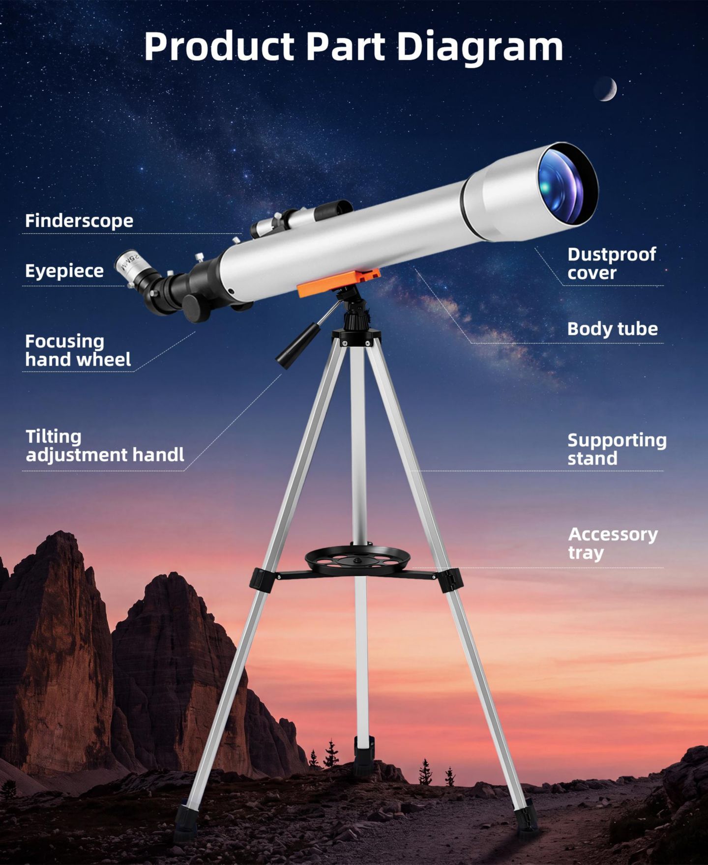 Детские игрушки SUGIFT 70mm Refractor Telescope Beginner Astronomy Kit, Ages 10+, цвет: Серебряный — фото 2