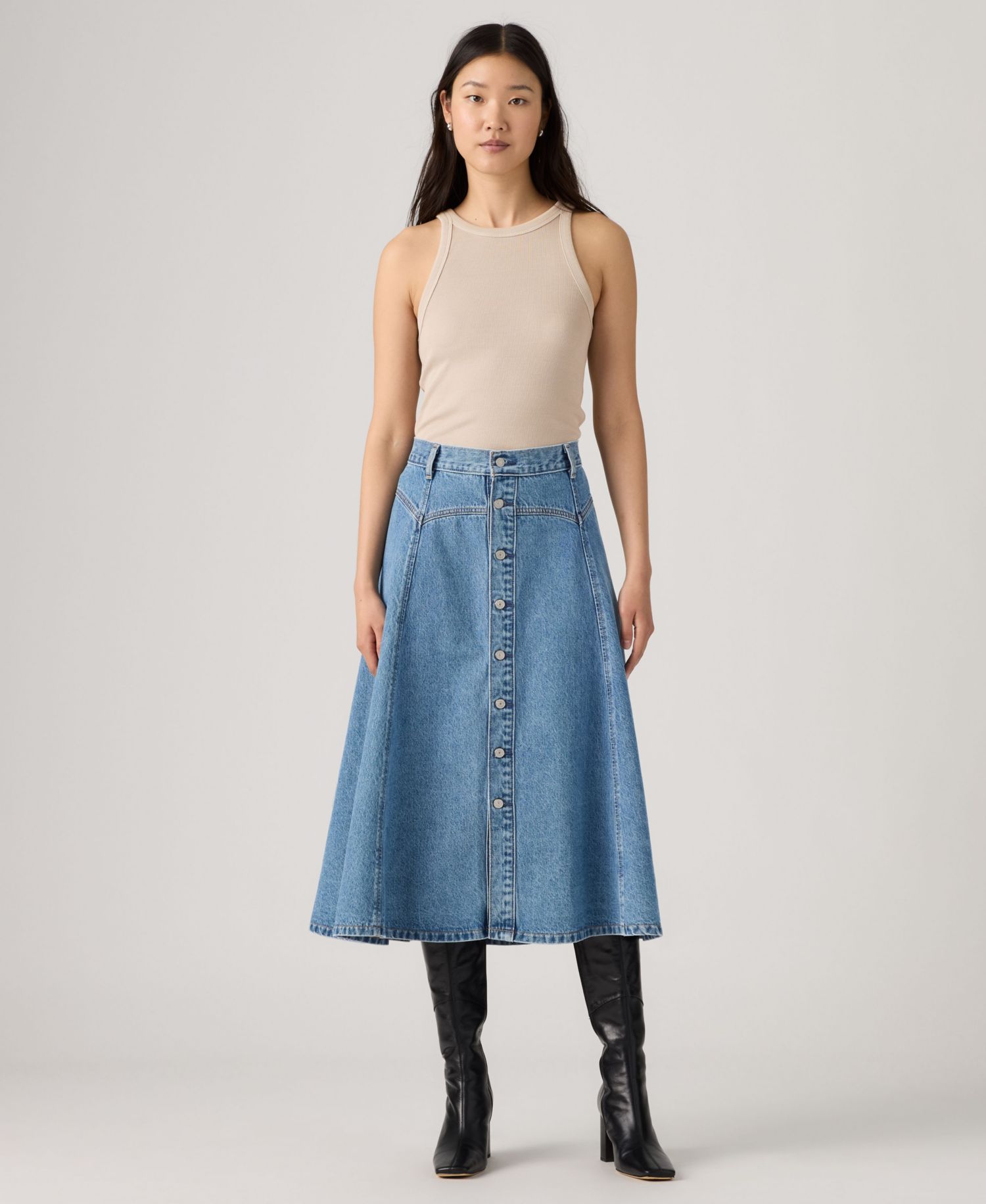 Women's Yoked Western Midi A-Line Denim Skirt