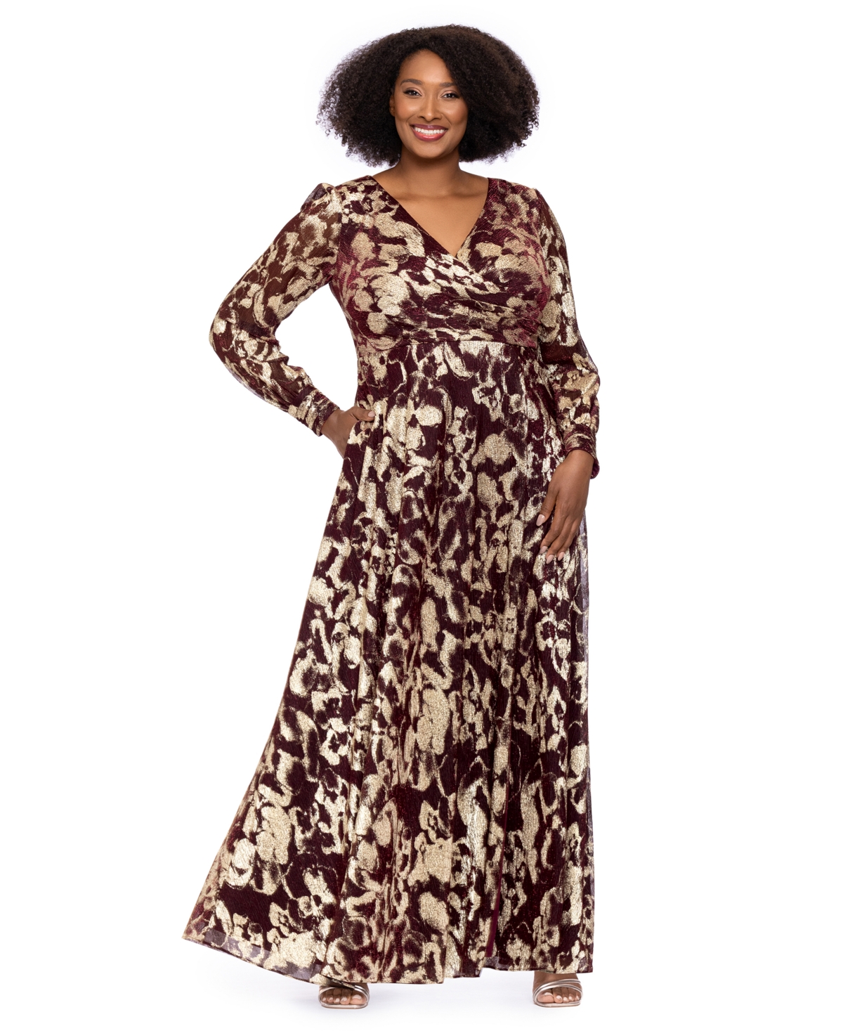 Betsy & Adam Plus Size Foil Crinkle Long-Sleeve V-Neck Maxi Gown - Wine Gold