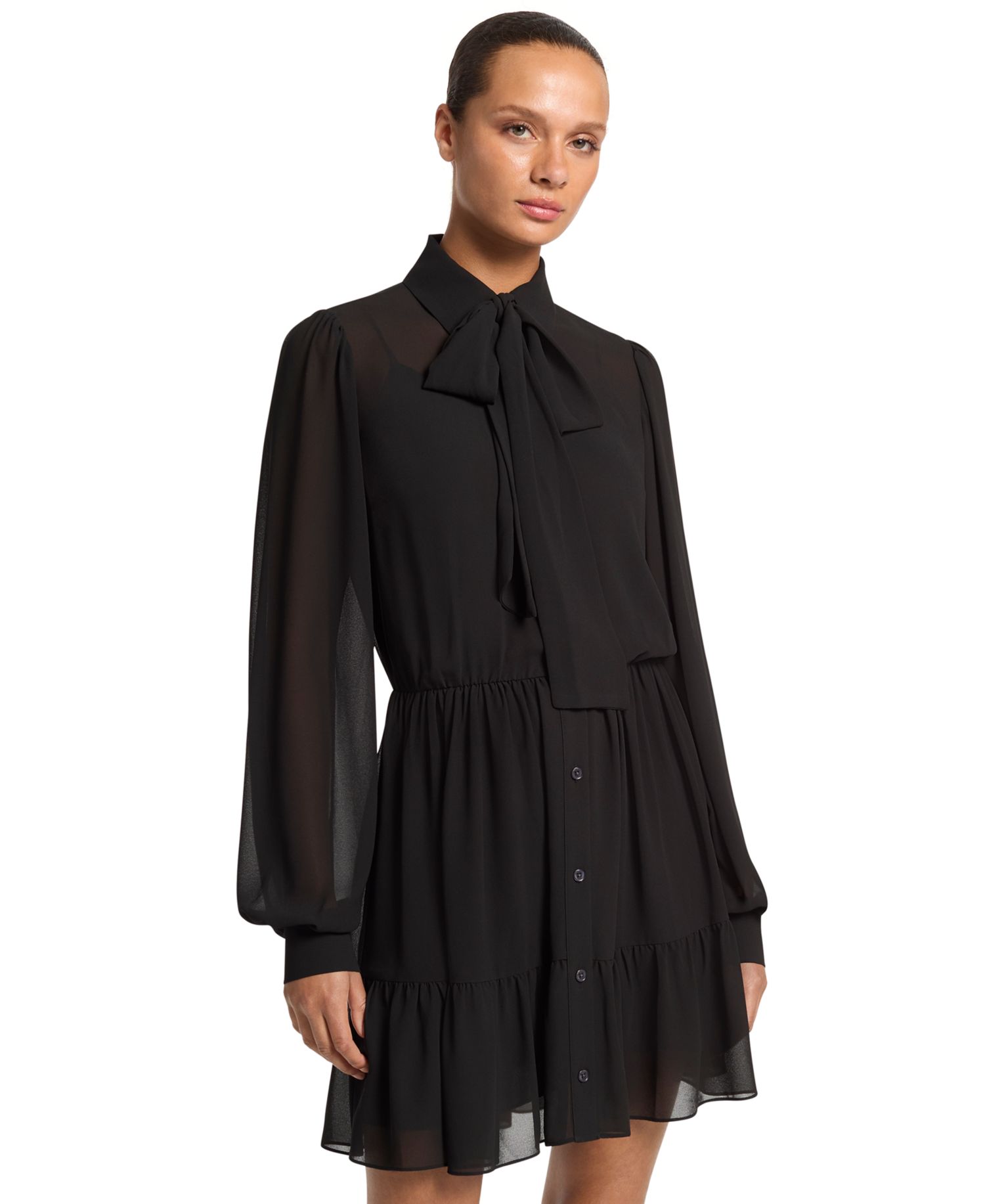 Women's Long Sleeve Tie Neck Mini Dress