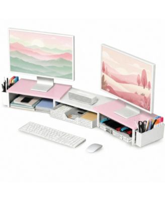 Dual Monitor Stand Riser With Drawer and Pen Holders, Compatible With Monitors and Laptops