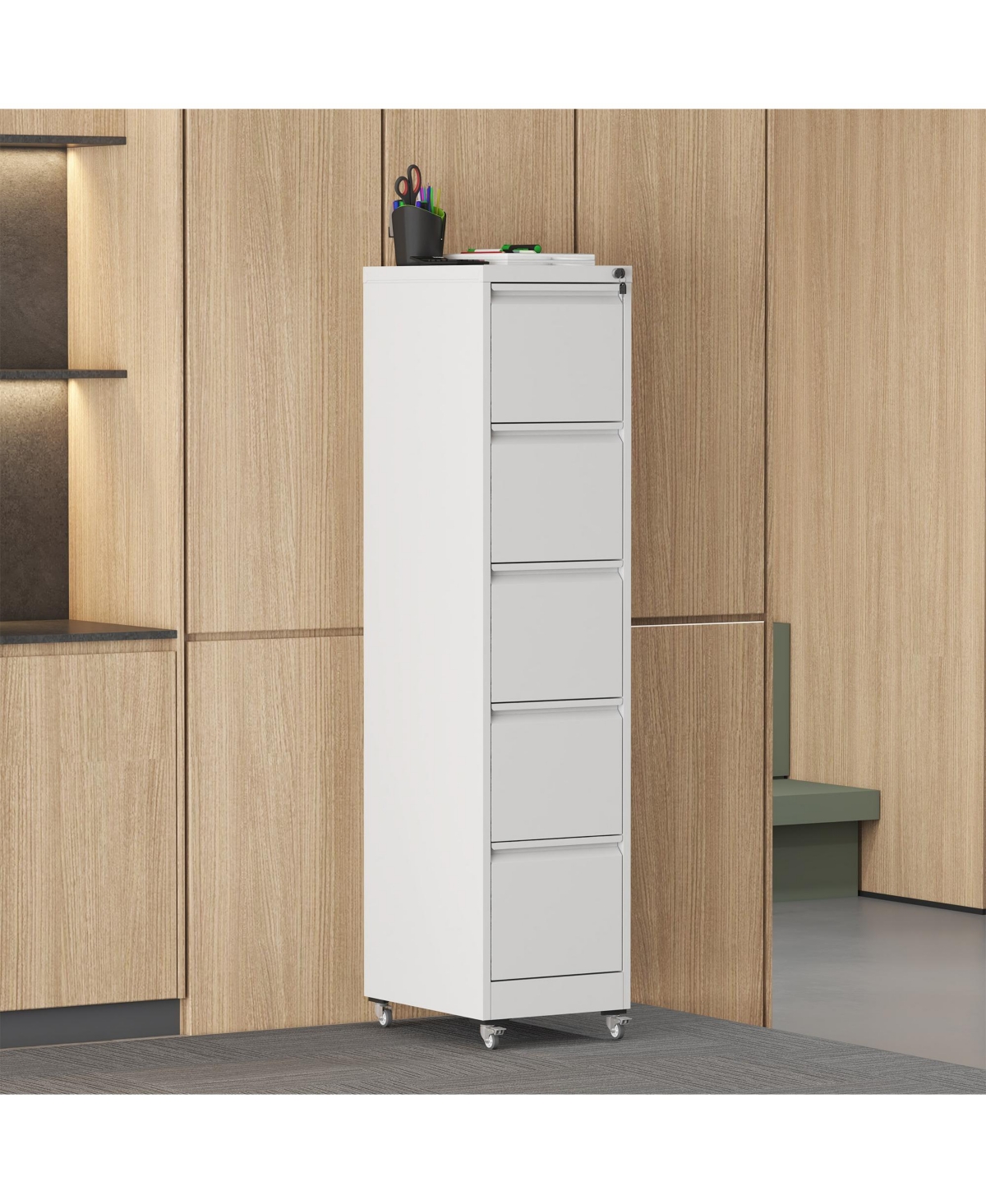Boyel Living 5 Drawer Steel Filing Cabinet Rolling Locking Legal Letter Size - White