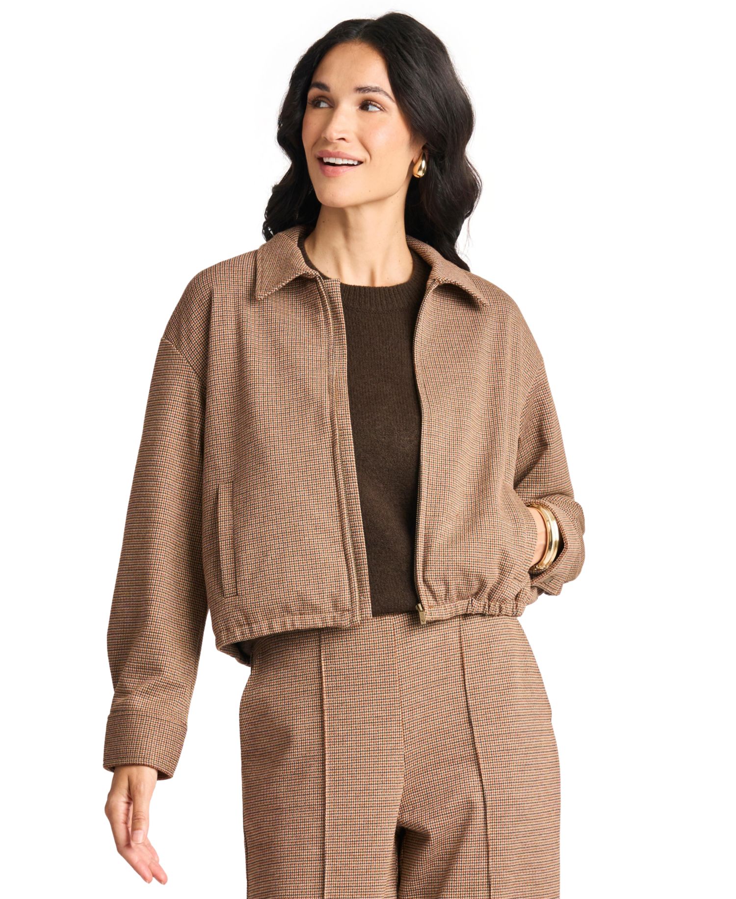 Women's Collared Bubble Front Waffle-Knit Bomber Zip Jacket