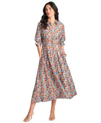 Women's Floral-Print Short-Sleeve Midi Shirt Dress