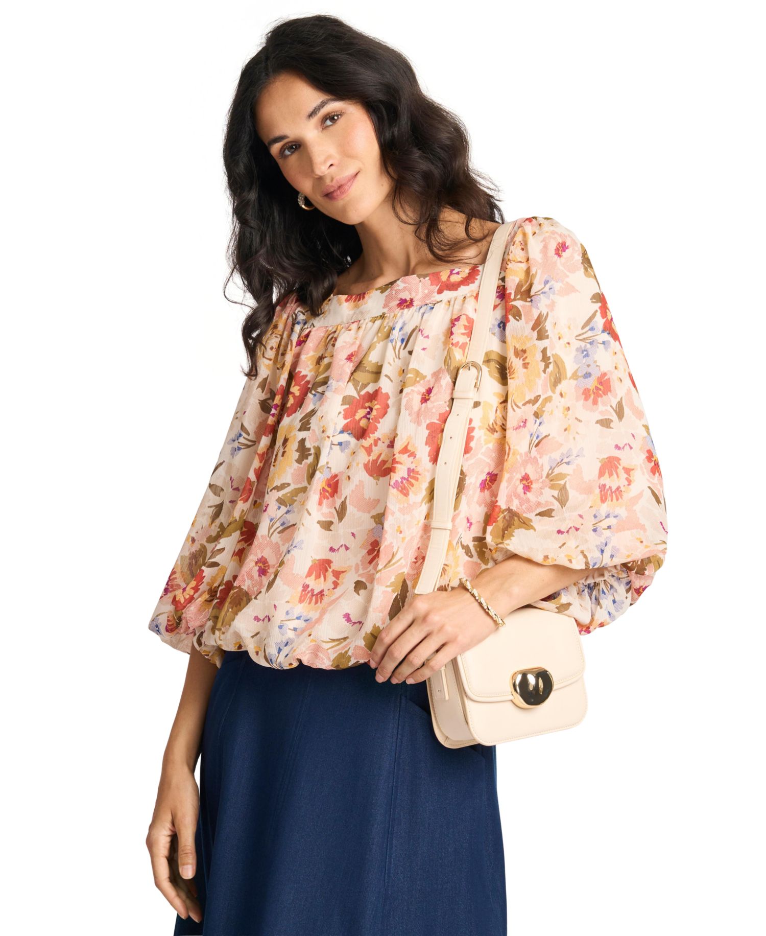 Women's Square-Neck 3/4-Sleeve Floral Blouse
