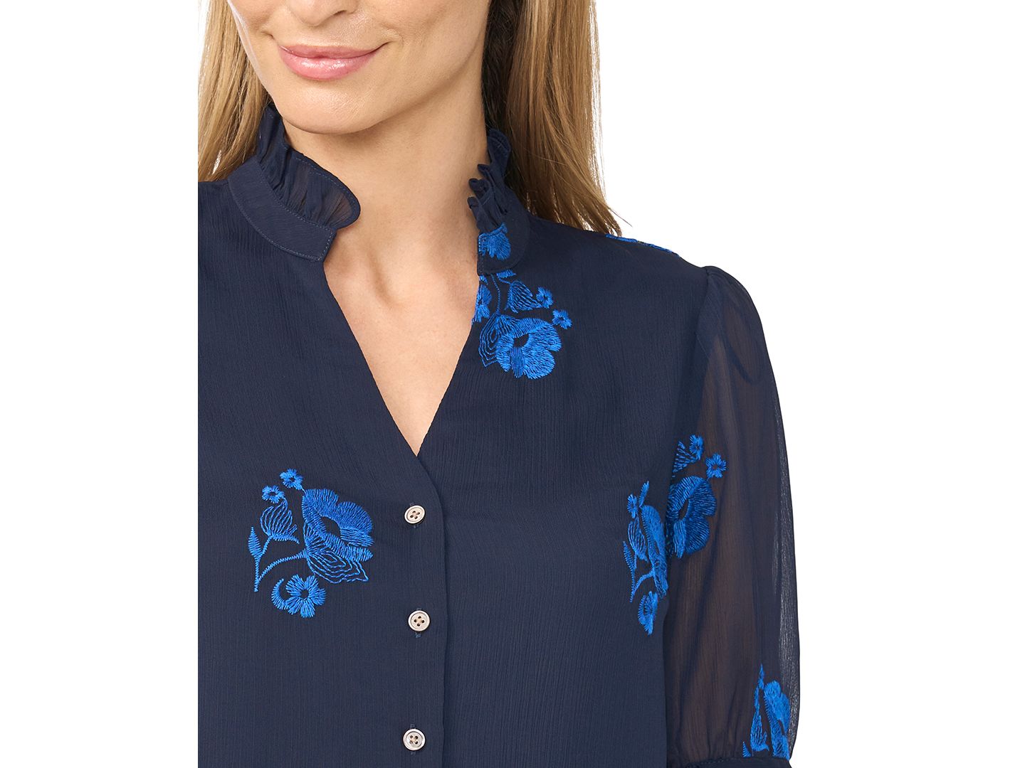 Женская блузка CeCe Floral-Embroidery V-Neck Elbow-Length Sleeve Button-Down Blouse, цвет: Тёмно-синий — фото 2
