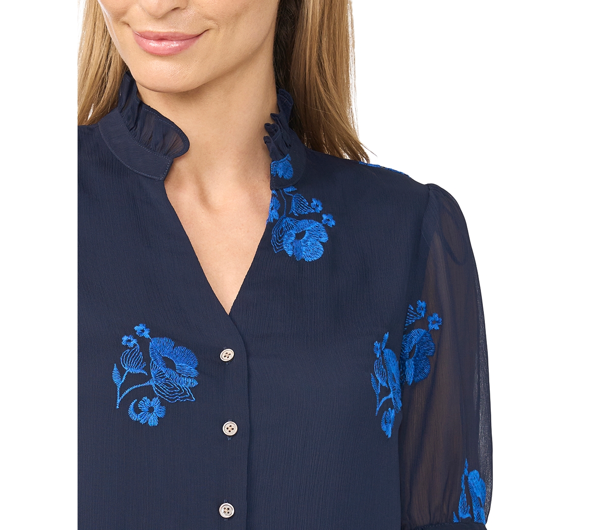 CeCe Women's Floral-Embroidery V-Neck Elbow-Length Sleeve Button-Down Blouse