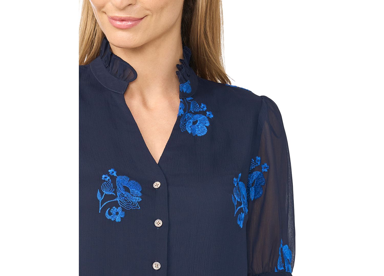 Women's Floral-Embroidery V-Neck Elbow-Length Sleeve Button-Down Blouse