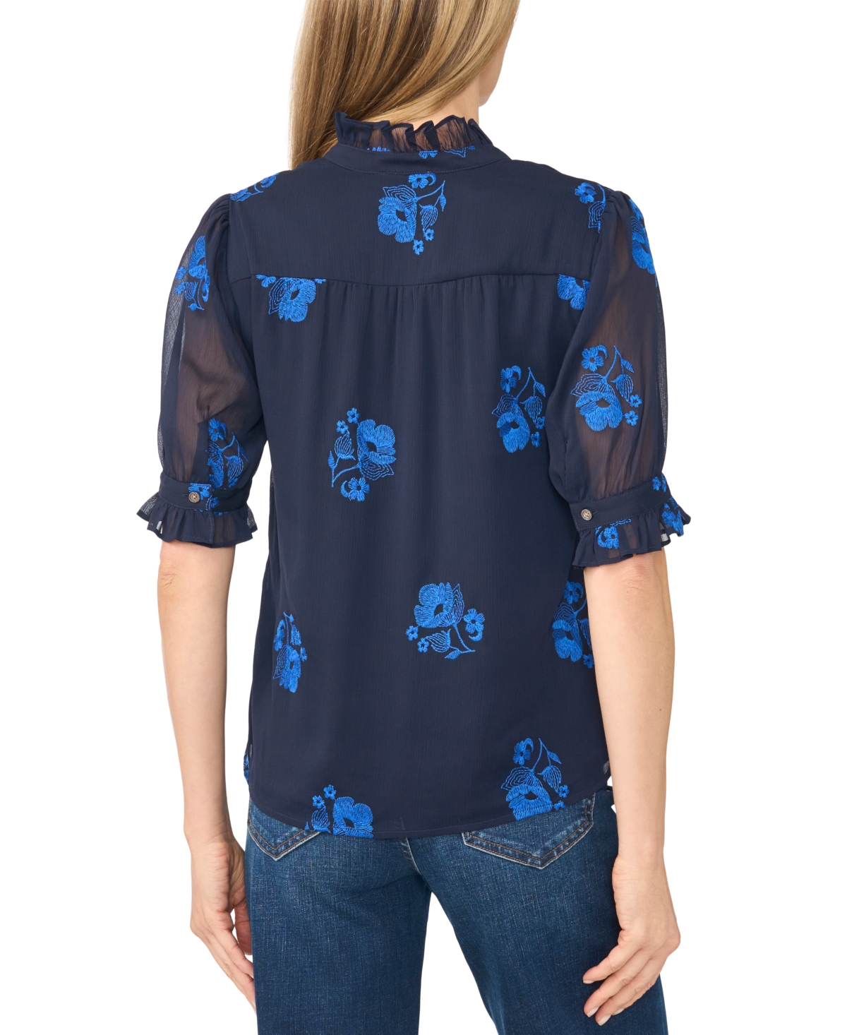 CeCe Women's Floral-Embroidery V-Neck Elbow-Length Sleeve Button-Down Blouse