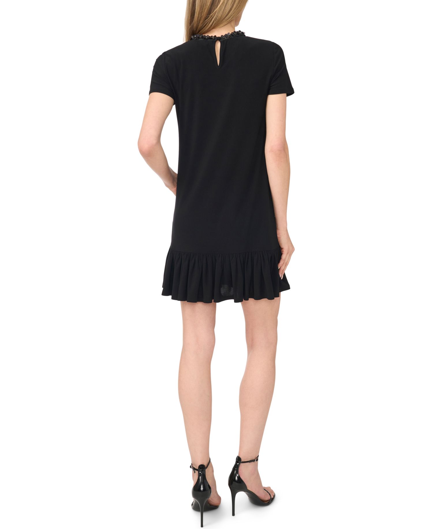 Women's Short-Sleeve Ruffle Hem Mini Dress with Sequin Neck Opening