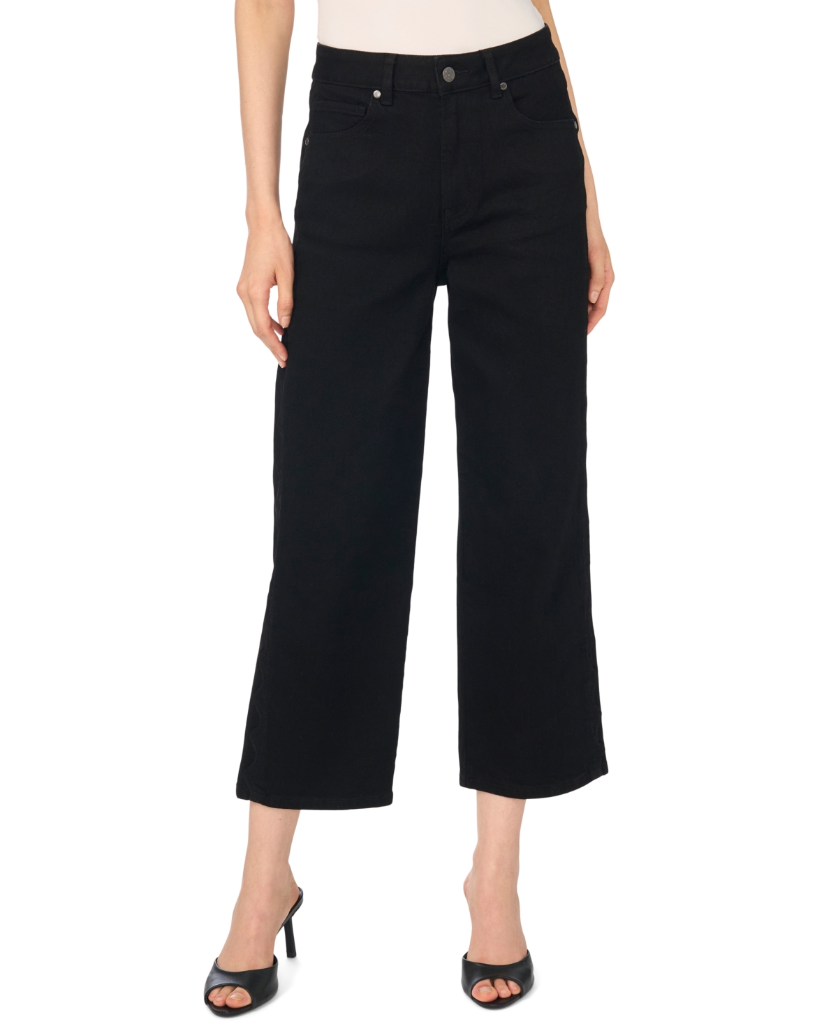 Cece Women's High-waisted Scallop-detail Straight Jeans In Rich Black