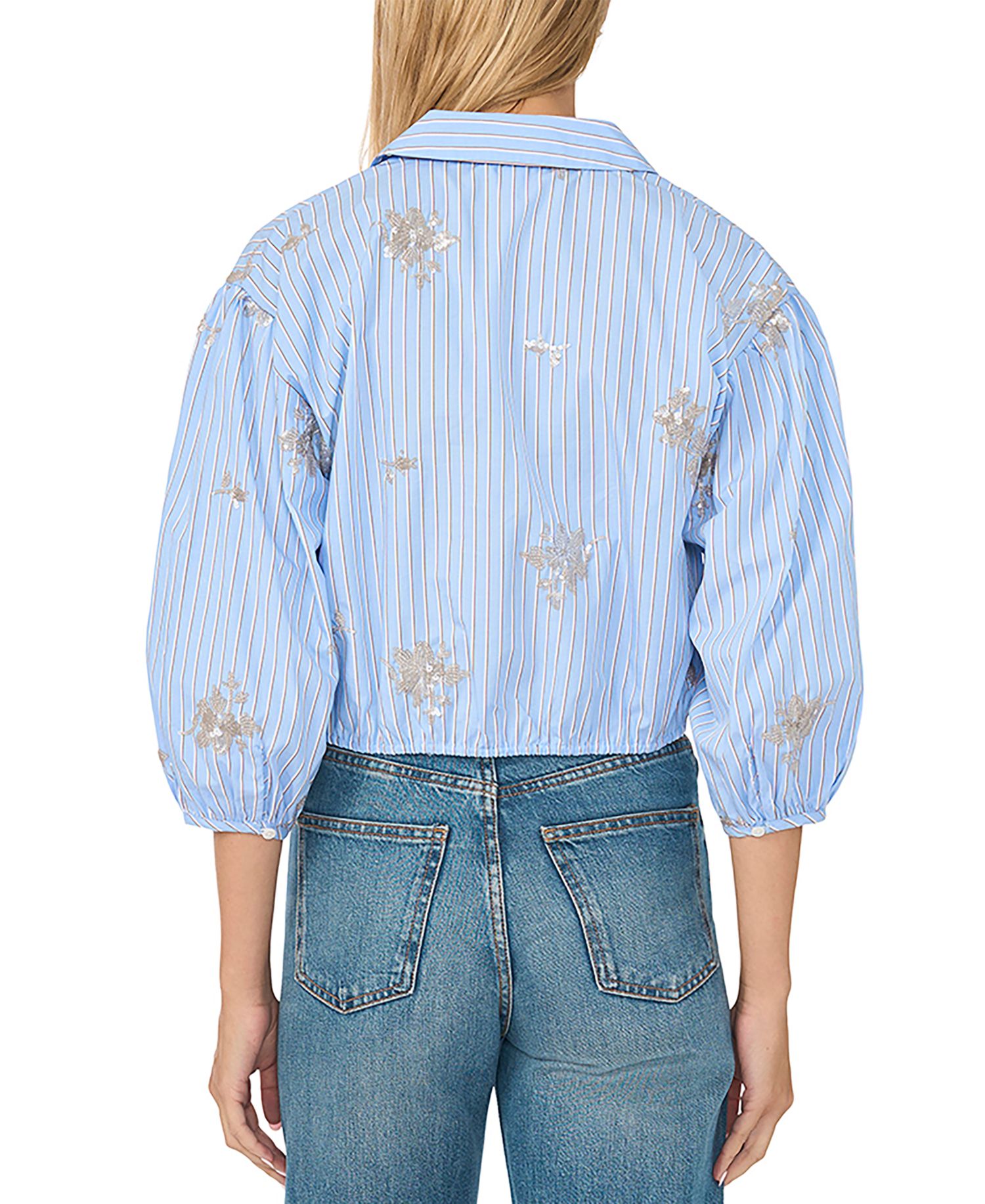 Women's Sequin Motif Balloon 3/4-Sleeve Tie-Hem Button-Down Top