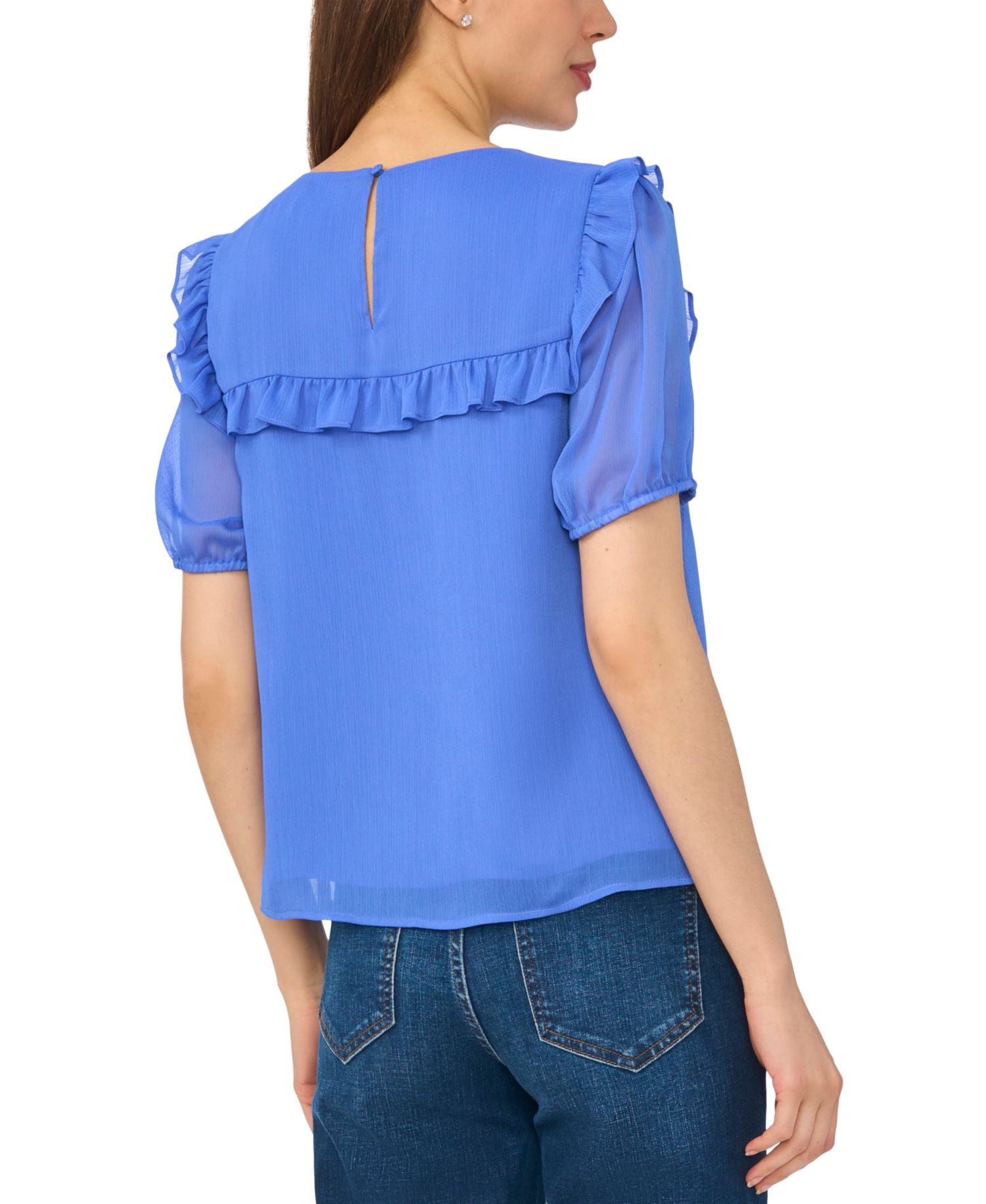 Women's Elbow-Length Ruffle-Yoke Chiffon Blouse