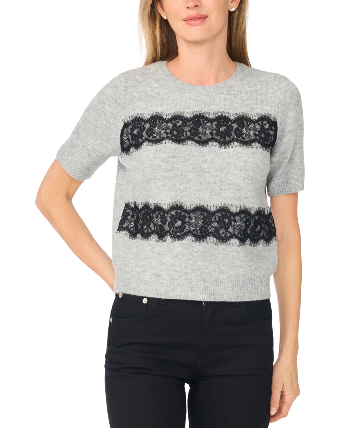 CeCe Women's Crewneck Short-Sleeve Lace Stripe Sweater
