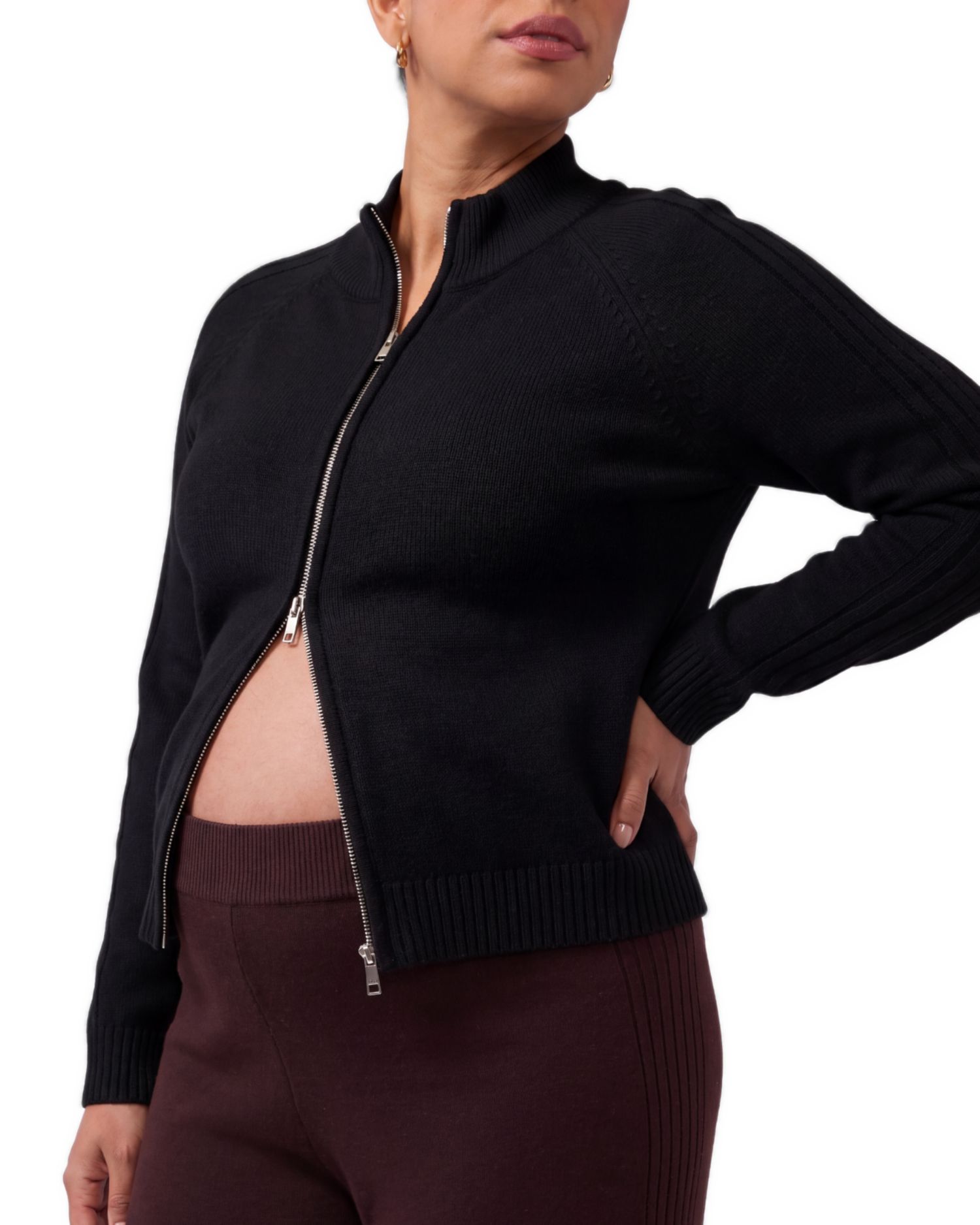 Maternity Funnel Neck Two-Way Front Zipper Raglan Cardigan
