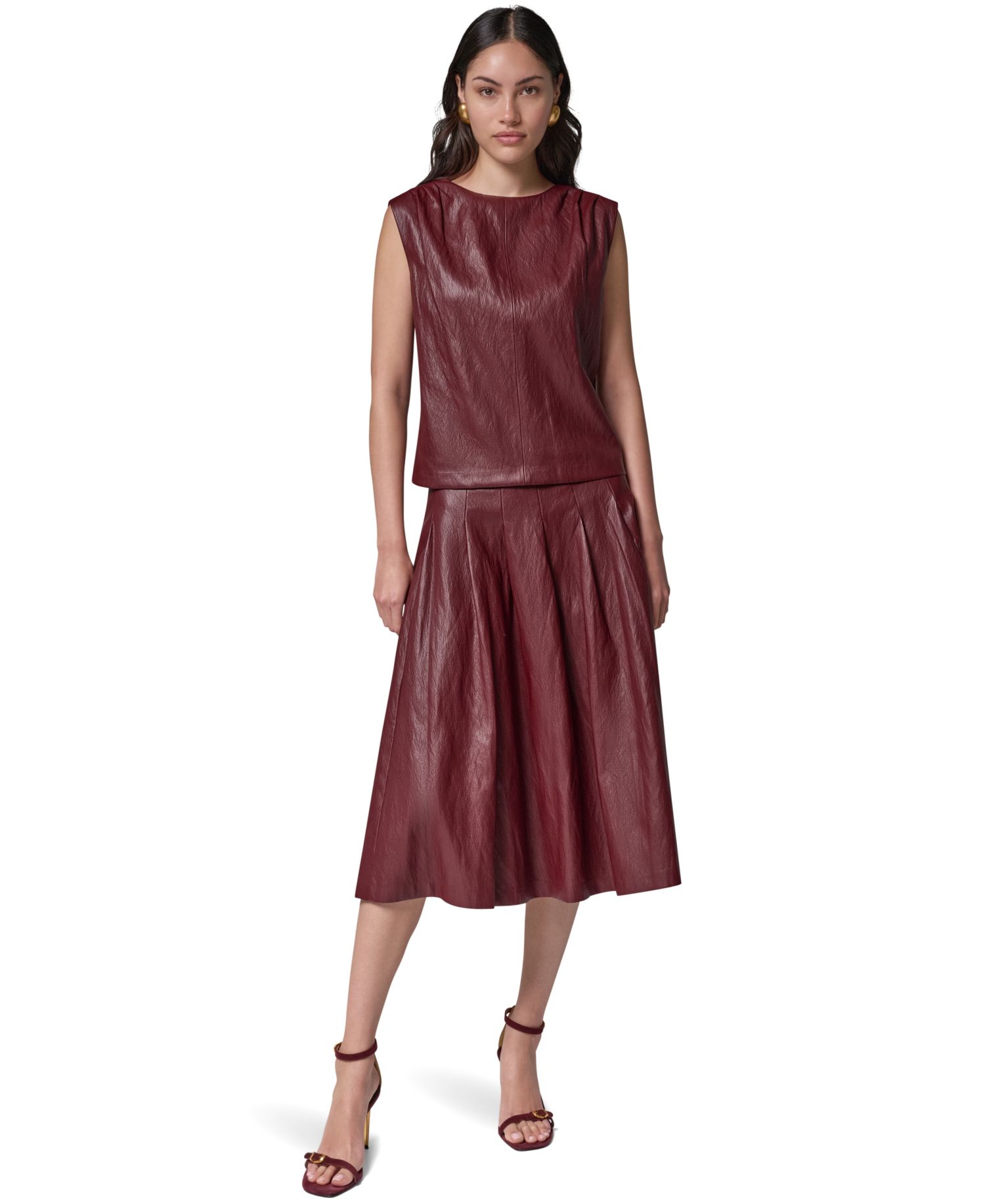 Women's Faux-Leather Sleeveless V-Back Blouse