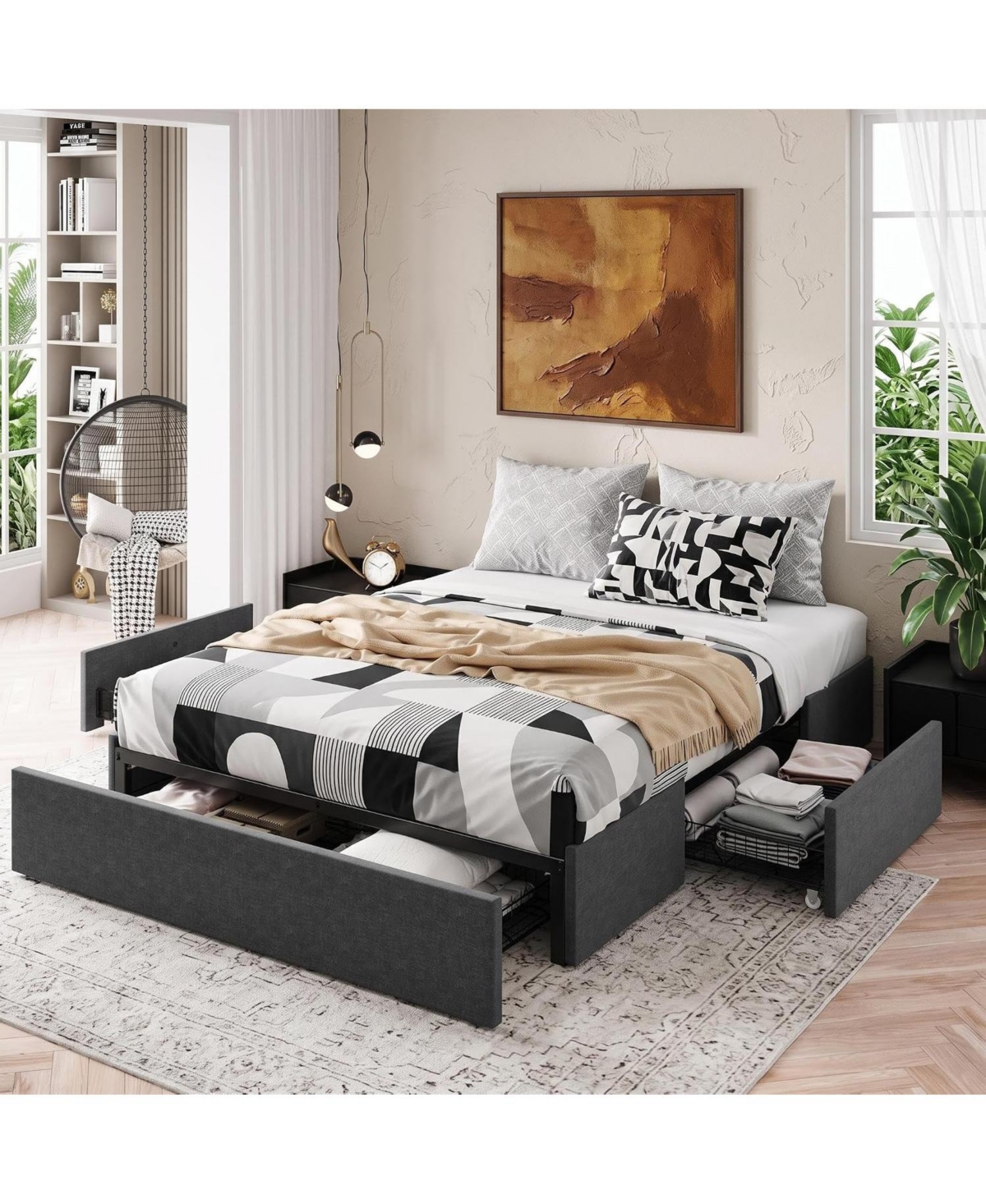 Gaomon Upholstered Metal Platform Bed Frame with Under-Basket Storage
